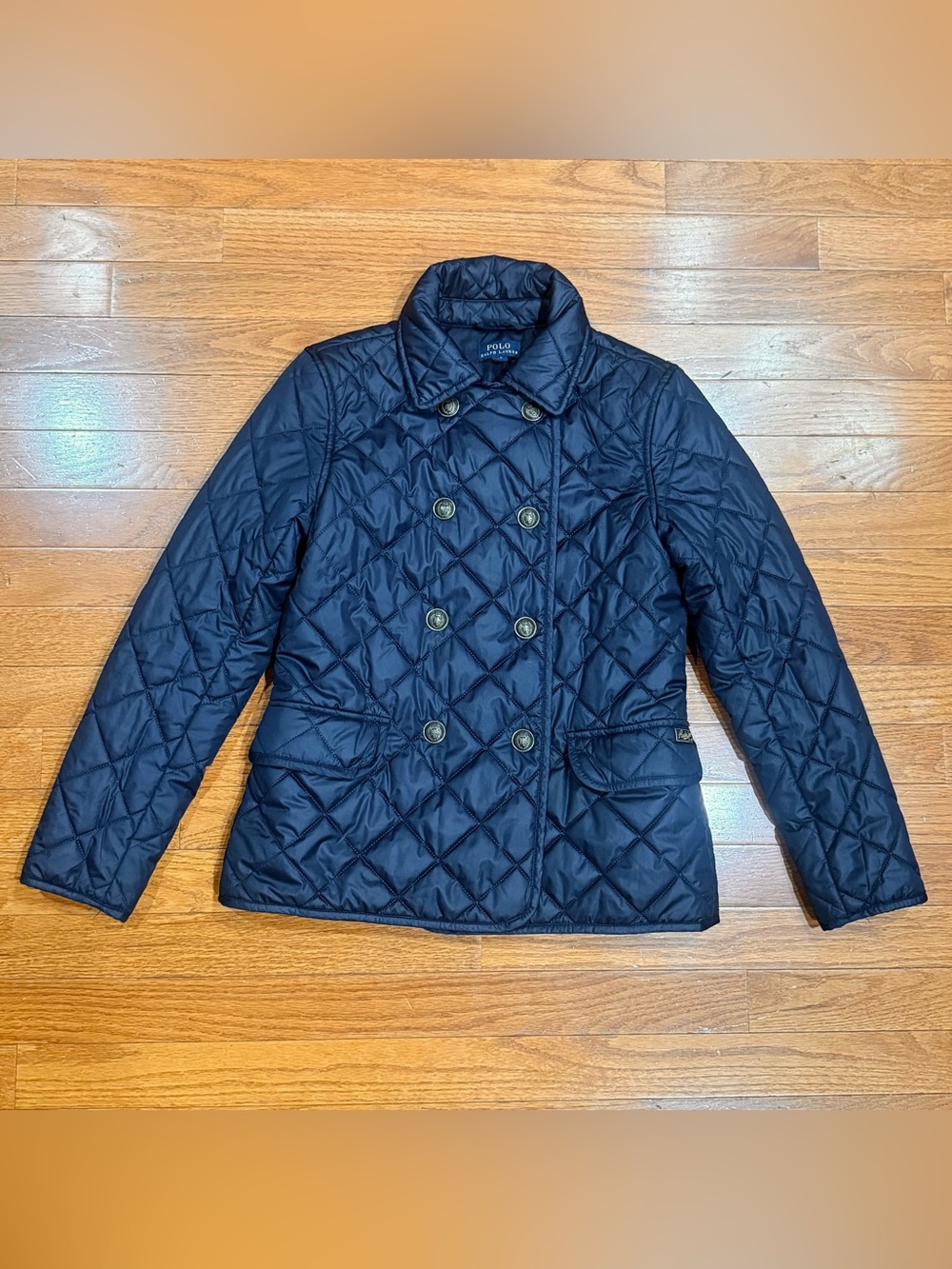 Polo Ralph Lauren Girls Large 12-14 Navy Quilted Double Breasted Pea Coat Jacket